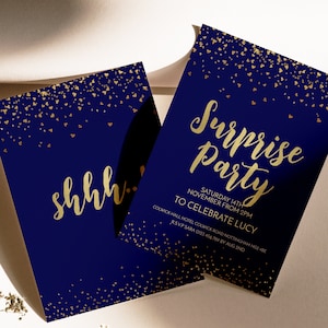 Shhh, es una invitación de cumpleaños sorpresa. Invitación sorpresa dorada y azul marino. Invitación de cumpleaños sorpresa para 40 y 50 años. Editable.