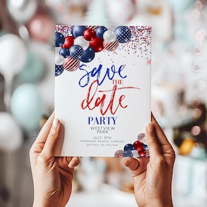 Invito patriottico Save the Date, invito modificabile per la festa del 4 luglio, palloncini rossi, bianchi e blu, modello di biglietto Save the Date stampabile