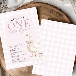 Invitación de primer cumpleaños de Silly Goose para niña, diseño de cuadros rosas, plantilla Corjl editable, invitación para fiesta de Silly Goose, descarga digital SG21