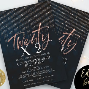 Rose Gold 40th Birthday Invitation Glitter 20 x 2 Birthday Invitation Printable Instant Download Editable template Corjl Invite