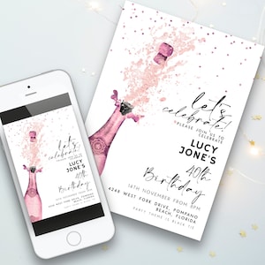 Editable Let's Celebrate Birthday Invitation, Pink Champagne Printable Birthday Invite for Women, Downloadable Party Template CH90