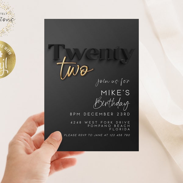 20th Birthday Invitation Editable Black and Gold Invite 21st 22nd 23rd 24th 25th 26th 27th 28th 29th  Instant Download Printable BG78