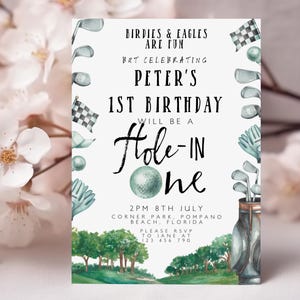 Hole in One 1st Birthday Invitation – Editable Golf Theme Template, Instant Download, Printable Corjl Invite, Par-Tee Celebration Design