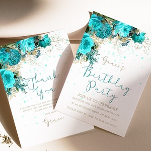 Editable Floral Birthday Invitation and Thank You with Turquoise Vintage Flower Editable Invitation Instant Download Printable