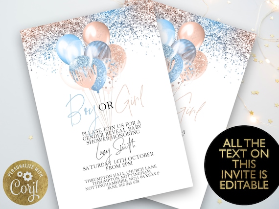 Editable Gender Reveal Baby Shower Party Invitation Instant Download Invite Blue and Rose Gold Shower Printable Il_570xn