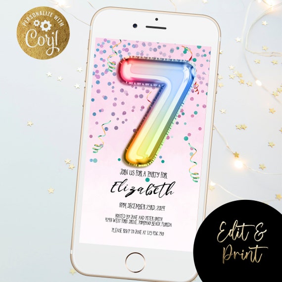 Electronic 7th Birthday Invitation Digital Invitation Rainbow Pink Balloons Editable Birthday