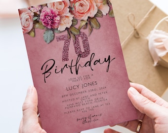 70th Birthday Invitation for women Template Editable Floral Birthday Pink Roses Printable PDF Instant Download Editable Invite