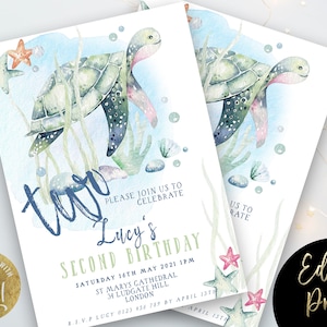 2nd Birthday Invitation Turtle Sea Life Invite Printable Instant Download Editable digital File  Invitation Corjl Template