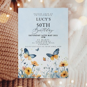 Invito per il 50° compleanno Invito blu giallo Invito per festa a farfalla Modello modificabile stampabile Decorazione acquerello con fiori di campo Download immediato Cinquanta