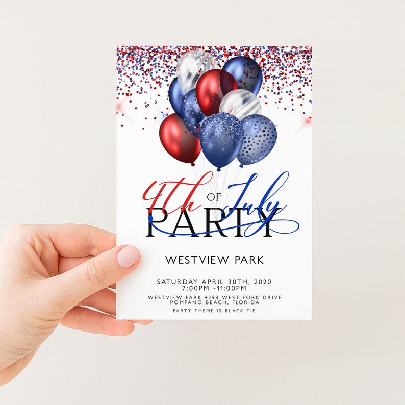 The image is a hand holding a party invitation card with a patriotic design featuring red, white, and blue balloons.