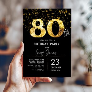 80th Birthday Invitation Template Gold Stars Adult Invite Printable Editable Instant download