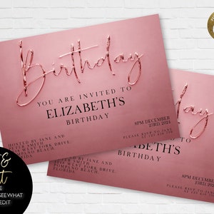 Pink Birthday Elegant Invitation Birthday Party Simple Invitation Pink Ombre Liquid Metal Invitation