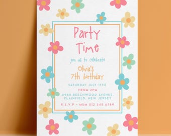 7th Seventh Birthday Invitation Template, Daisy Flower Editable Invite, Pastel Digital Download, Kids Printable Card