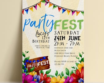 PartyFest Festival Theme Birthday Invitation: Editable Bright Festival Design (Instant Download, Corjl Template, Any Occasion)