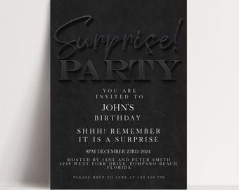 Surprise Invitation Editable Birthday Invite: Black Simple Design, For Him | Instant Download, Modern Elegant, DIY Template