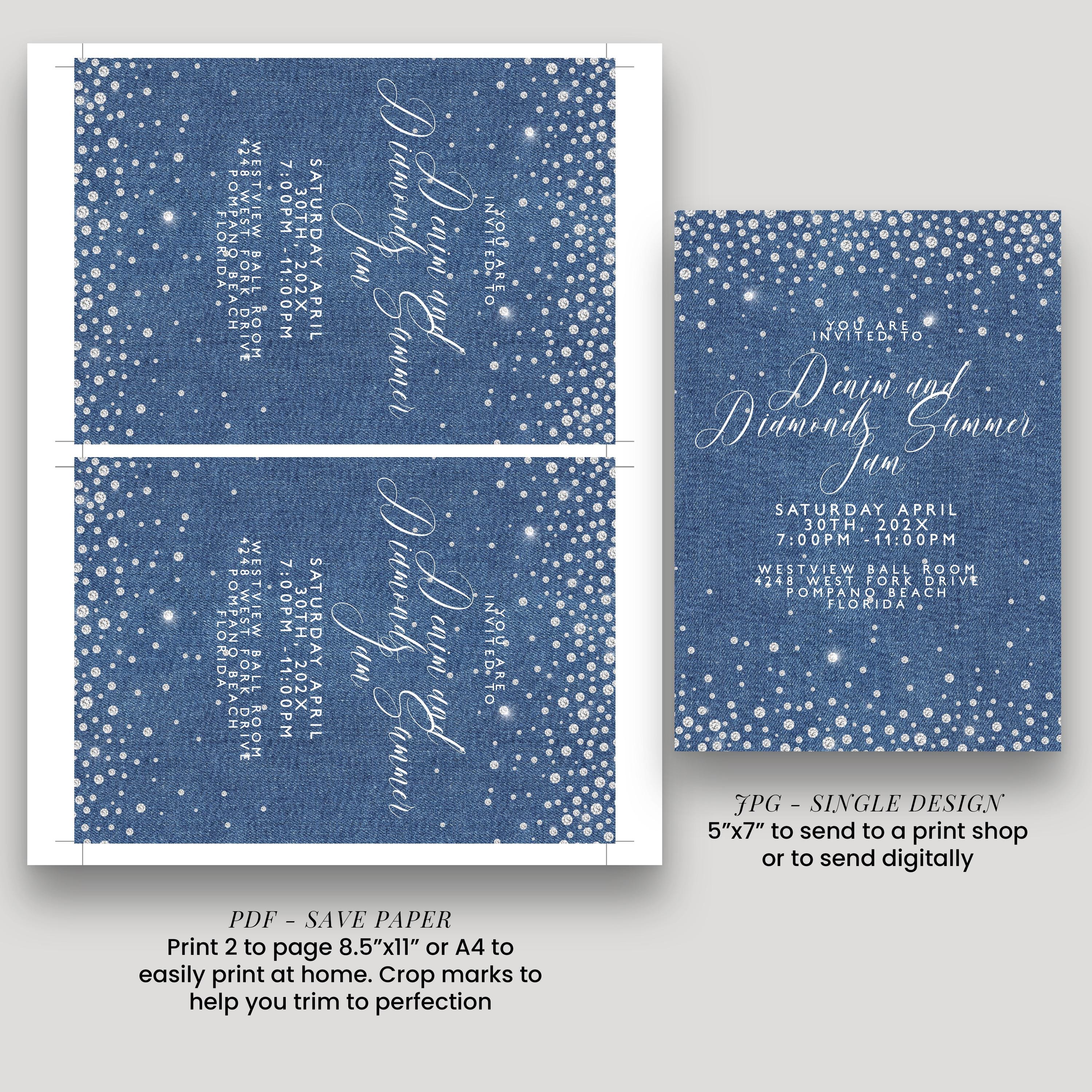 その他 Invitation Editable Denim and Diamonds Invitation, Blue Sparkle Prom or Gala