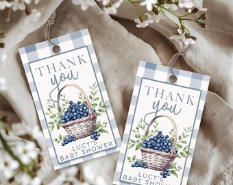 Etiqueta para recuerdo de bebé con diseño de arándanos: Diseño de acuarela con aroma a frutos rojos, estampado de cuadros azules (plantilla editable, 2x3.5", imprimible)