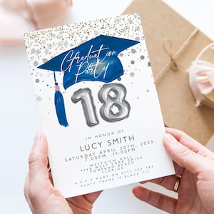 Graduation 18th Party Invitation Template Senior Graduation Announcement, Silver Navy Graduation Cap, Printable Graduation Invitation