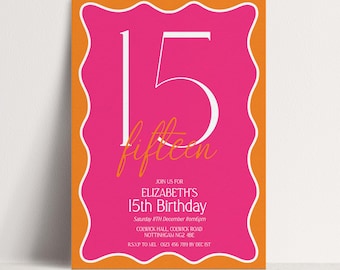 15th Birthday Invitation Template Girl Pink Orange 15th Party Printable Template, Teen Invite, Editable Digital Download