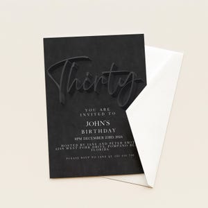 Invito per il 30° compleanno, modello modificabile, design semplice nero (download immediato, stampabile, fai da te, per lui o per lei) immagine 8