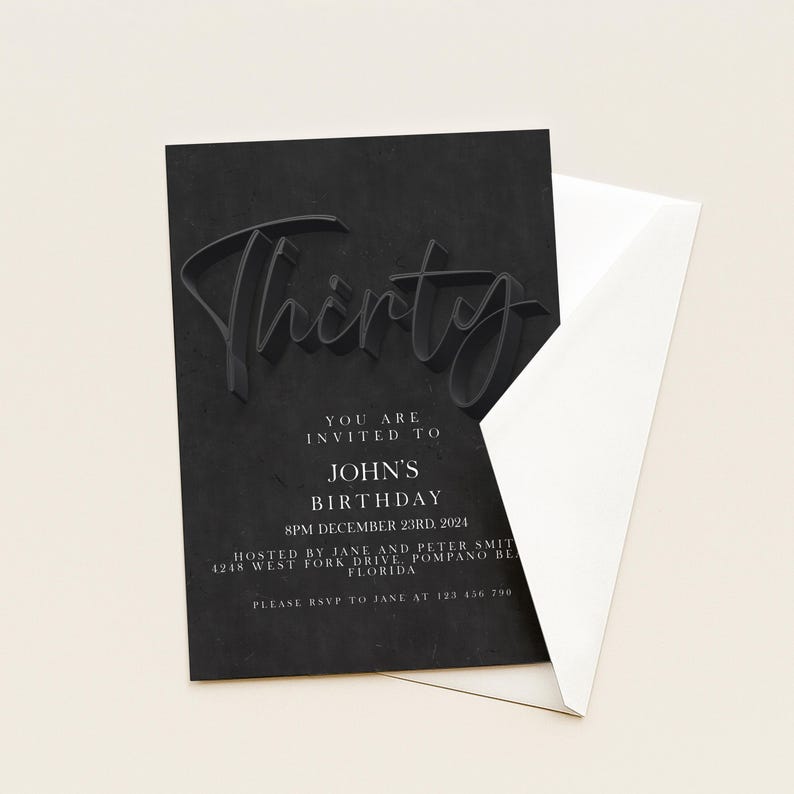 Invito per il 30° compleanno, modello modificabile, design semplice nero (download immediato, stampabile, fai da te, per lui o per lei) immagine 8