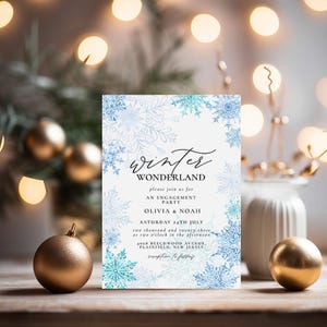 Winter Wonderland Engagement Party Invitation Editable Corjl Template Blue Snowflake Invite Digital Download Printable