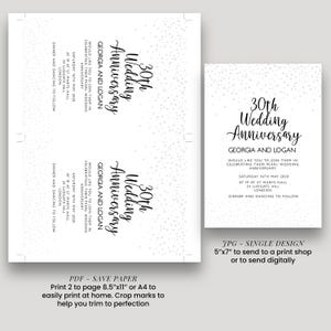 a wedding anniversary invitation for Georgia and Logan, celebrating their 30th wedding anniversary. The invitation is printed in black and white and includes details about the event, such as the date, time, location, and dress code. The invitation also provides instructions on how to print and send the invitation, as well as a list of items to bring to the celebration.