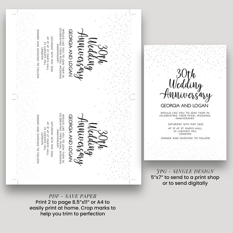 a wedding anniversary invitation for Georgia and Logan, celebrating their 30th wedding anniversary. The invitation is printed in black and white and includes details about the event, such as the date, time, location, and dress code. The invitation also provides instructions on how to print and send the invitation, as well as a list of items to bring to the celebration.