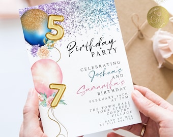 Sibling Birthday Invitation Download Pink Blue Gold balloons For Brother Sister Party Printable Instant Download Editable template Corjl