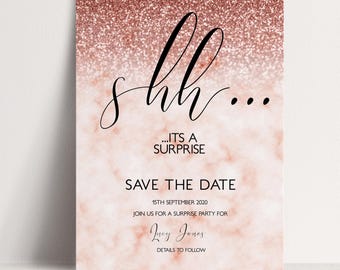 Plantilla editable para invitación a fiesta sorpresa, tarjeta de cumpleaños de lujo en oro rosa (5x7 pulgadas, descarga digital, invitación imprimible para hacer tú mismo)