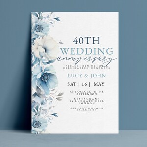 40th Anniversary Invitation Template, Ruby Wedding Editable Invite, Dusty Blue Floral Digital Download, Couples Printable Card