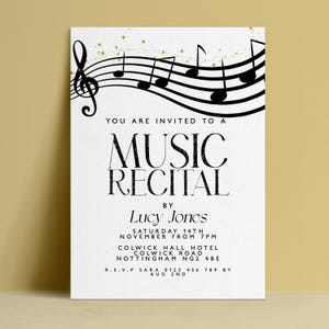 Music Recital Card Invitation: Elegant Black Notes and Gold Star