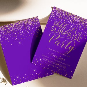 Lila & Gold Überraschungsparty Einladung - Bearbeitbare Vorlage, sofortiger Download, druckbare Corjl Invite, elegantes Geburtstagsdesign