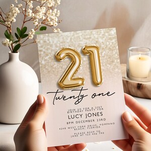 Invitación de cumpleaños número 21 para ella, invitación digital en tonos dorados, plantilla de fiesta editable para mujer, descarga de Corjl, diseño glamuroso para un hito.
