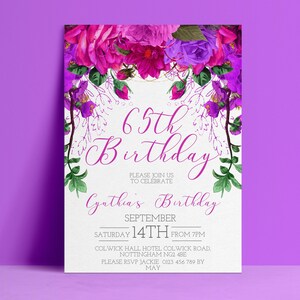 May include: A floral birthday invitation with a purple and pink flower arrangement at the top. The invitation reads "65th Birthday" and "Cynthia's Birthday" with event details. The background is white.