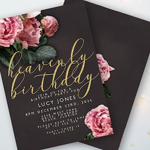 Editable Birthday Invitation Template Gold Glitter Floral Heavenly Birthday Pink Peony Printable PDF Instant Download Editable Invite