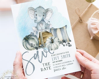 Pumpkins Save The Date Invitation EDITABLE For a Boy Elephant Fall Autumn Invitations Digital Instant download