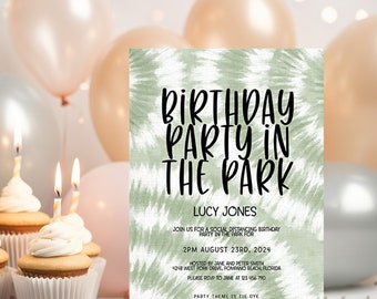 Editable Tie Dye Birthday Social Distancing Party Invitation Green Tie Dye Birthday Party Invite Instant Download Hippy Peace Love Party