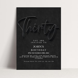30th Birthday Invitations Editable Template, Simple Black Design (Instant Download, Printable, DIY, For Him or Her)