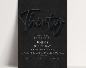 30th Birthday Invitations Editable Template, Simple Black Design (Instant Download, Printable, DIY, For Him or Her)