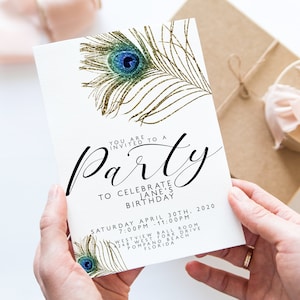 Editable Party Invitations Peacock Feather Glitter Invitation Printable Editable Instant Download Template Corjl