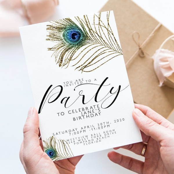 Editable Party Invitations Peacock Feather Glitter Invitation Printable Editable Instant Download Template Corjl