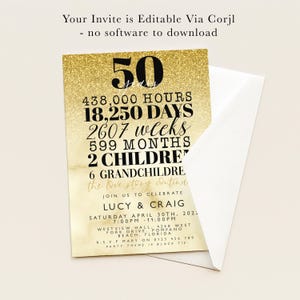 The image is a 50th anniversary invitation for Lucy and Craig, celebrating their 50th wedding anniversary. The invitation details the couple's 50 years together, including the number of hours, days, weeks, months, and years they have spent together. It also mentions the presence of their two children, and the event is scheduled for Saturday, April 30th, 2021, at Westview Hall, West Fords, Florida.