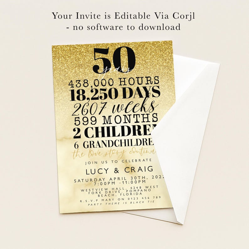 The image is a 50th anniversary invitation for Lucy and Craig, celebrating their 50th wedding anniversary. The invitation details the couple's 50 years together, including the number of hours, days, weeks, months, and years they have spent together. It also mentions the presence of their two children, and the event is scheduled for Saturday, April 30th, 2021, at Westview Hall, West Fords, Florida.