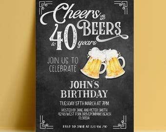 乾杯とビールの招待状テンプレート、40歳の誕生日編集可能な招待状、黒板風デジタルダウンロード、男性向け印刷可能カード