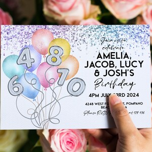 Sibling Birthday Invitation for 4 Siblings Balloon Editable Printable Invite Rainbow Silver Glitter Instant Download Editable Template Corjl