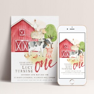 The image is a birthday invitation for a one-year-old named Lucy, featuring a farm scene with a red barn, animals, and a pig.