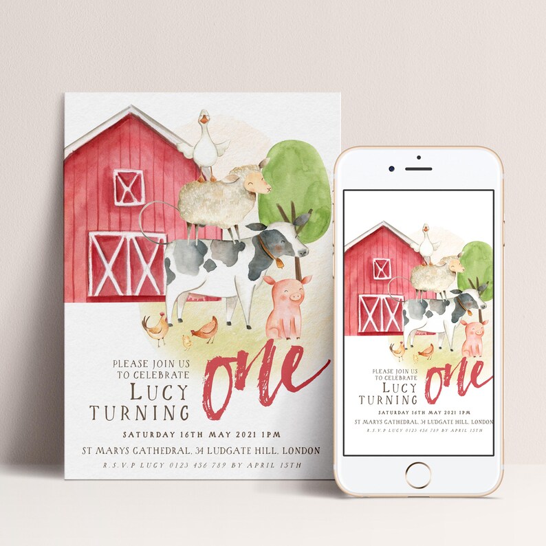 The image is a birthday invitation for a one-year-old named Lucy, featuring a farm scene with a red barn, animals, and a pig.