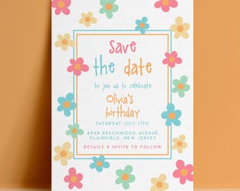 Birthday Save the Date Template, Daisy Flower Editable Card, Pastel Digital Download, Kids Party Printable Notice