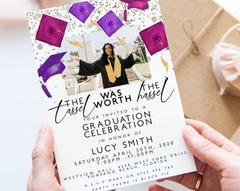 Graduation Photo Invitation Template Senior Graduation Announcement, Pink Purple Graduation Cap, Printable Graduation Invitation